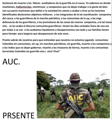 activist deaths, AGC Colombia, AUC Colombia, Social leaders deaths Colombia