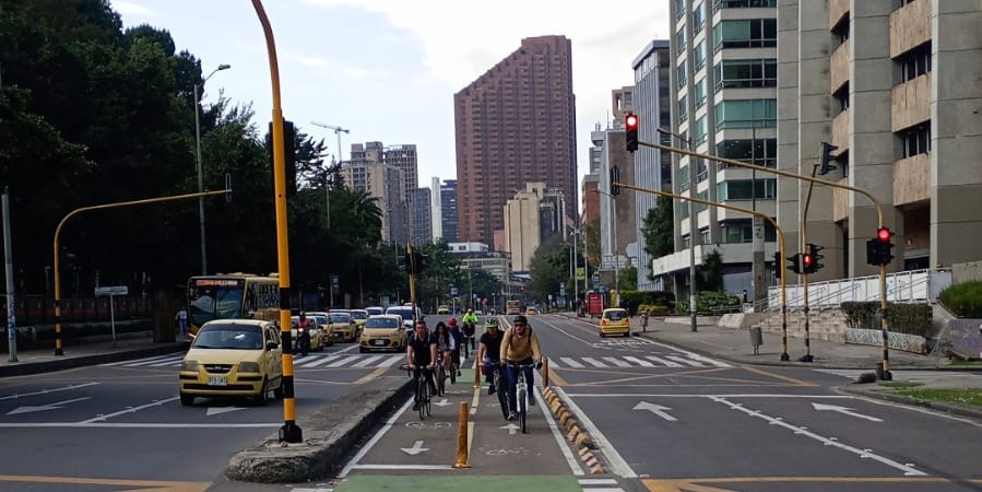 Bicycles on the septima in Bogotá. It is día sin carro 2026, so there is limited traffic and more bicycles